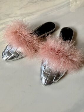 Marco de Vincenzo Feathery Silver Slides - Miu Miu Style - 40 / 9.5 10